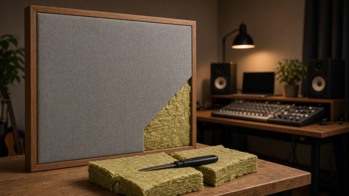 DIY rockwool acoustic panel with cutaway corner in a home studio