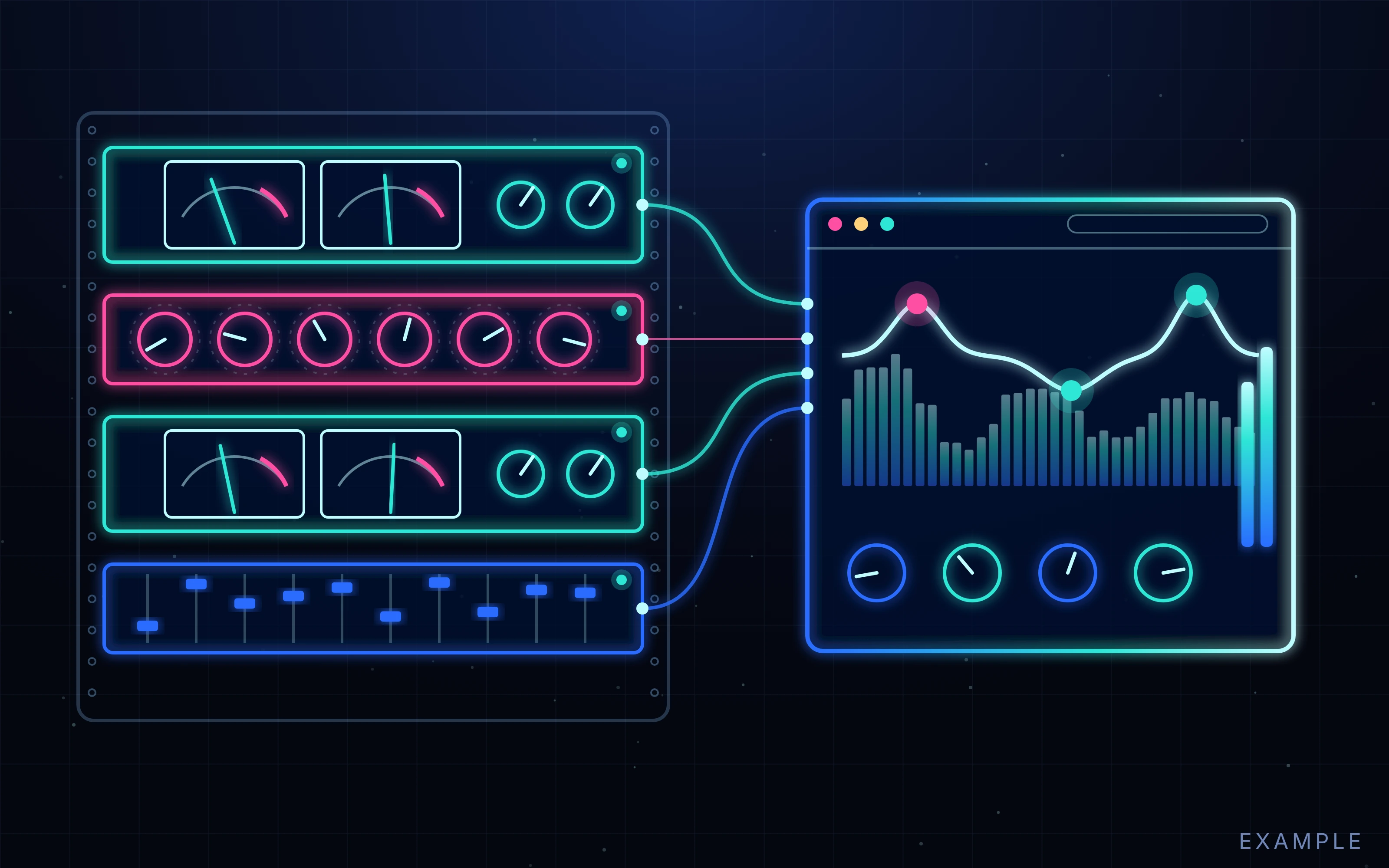 Hybrid rack patched into a mastering plugin (illustration)
